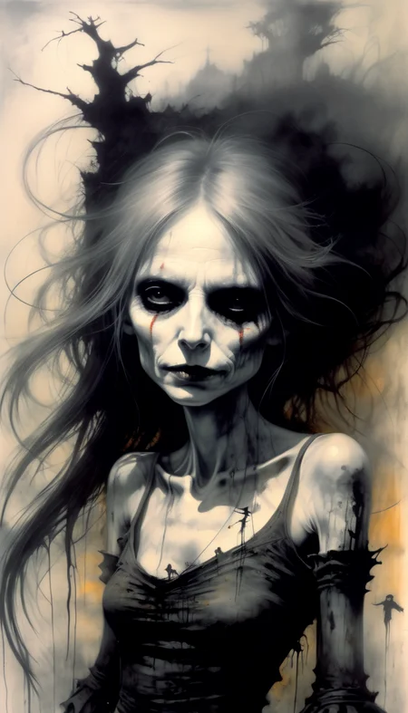 positiv Clip L: Stephen Gammell Style, an award-winning, of a bautiful woman, positiv Clip G: Stephen Gammell Style, an award-winning, of a skinny Gothic woman, sunset in the background,