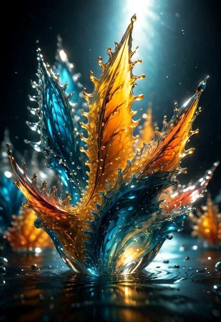 An abstract shape, amazingly fluid, made of glass, detailed, 3d fractals, light particles, water drops, shimmering light, surreal, ink, smooth, shimmering, glow, cinematice contrast, Glow, 16k, crytal clear,