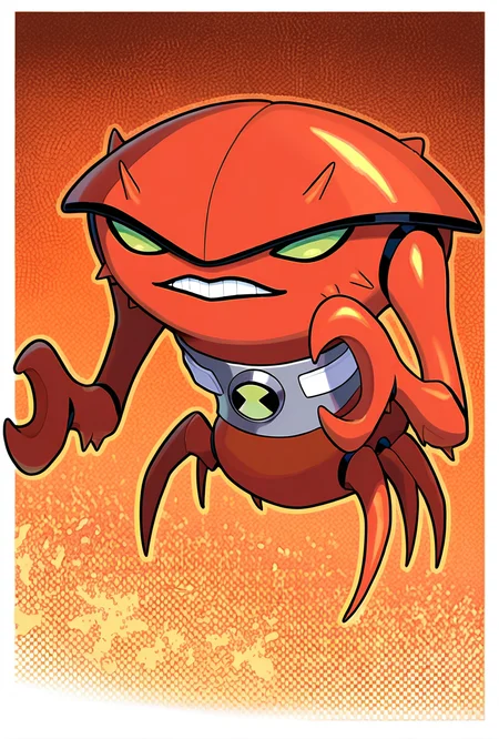 <lora:brainstorm-07:1> brainstorm, solo, teeth, no humans, pokemon (creature), green eyes, clenched teeth, crab, craw claws, , , collar, orange background, smile, no legs,, masterpiece, best quality, amazing quality, very aesthetic, absurdres, newest,, upper body, halftone effect, white borders, abstract background:1.2,