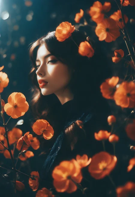 Beatnik aesthetics. super Panavision 70 color film stock, beautiful cinematography, fashion photoshoot, [ flowing petals, particles, pollen : a portrait of her beautiful face, warm smile : 0.35].
vibrant colors, stunning background. dark and moody, a mesmerizing blend of light and shadow. masterpiece, absurdres, intricate details. low contrast, balanced colors, 3 point studio lighting, high resolution, rich color palette, smooth tonality, film grain, soft focus and bokeh, dynamic range, (heibaigao) <lora:HEIBAI_WWM:0.8>