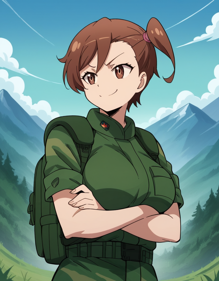 score_9, score_8_up, score_7_up, source_anime, <lora:shino-kuribayashi-s1s2-ponyxl-lora-nochekaiser:1>, shino kuribayashi, short hair, brown hair, brown eyes, side ponytail, large breasts,, uniform, military, military uniform, green uniform,, mountain trail, hiking, nature, backpack, adventure, fresh air, , , crossed arms, smug, solo,, cowboy shot, dutch angle