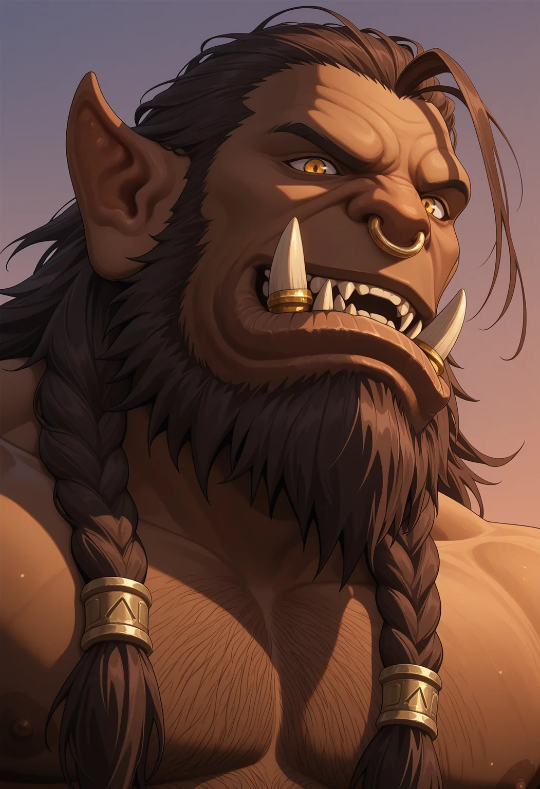 outdoors, sky, portrait, close-up, male focus, 1boy, 0rcw0w, orc, tusks ring, pointy ears, hairy, braided beard, dark brown skin, yellow eyes, facial piercing, nose ring, muscular, big pecs, long hair, laughing, outdoors, sky, looking at viewer, perfect anatomy, masterpiece, perfect quality, best quality, detailed, newest, very aesthetic <lora:Orc_WoW_V2_ILXL:1.0000000000000002>