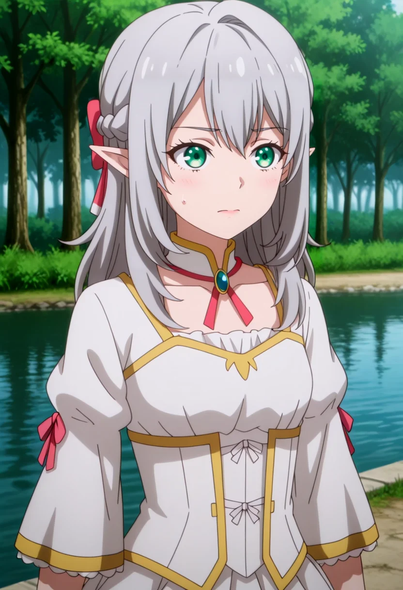 masterpiece,high quality,highres,absurdres,(,,,<lora:Young Tessia_IL:0.8>,,,,Young Tessia,1girl,gray hair,pointed ears,elf,green eyes,,<lora:empress_outfit1:0.8>,,empress_outfit1,masterpiece,best quality,ultra-detailed,(pure white dress:1.3),(gold embroidery:1.2),(pink ribbon accents:1.1),corset-style bodice,lace-up detail,puffed sleeves with gold trim,multi-layered skirt with ruffled hem,soft glowing fabric,volumetric lighting,intricate textures,(high-resolution:1.2),dynamic shading ),forest,river,exposed nick,exposed collarbone,