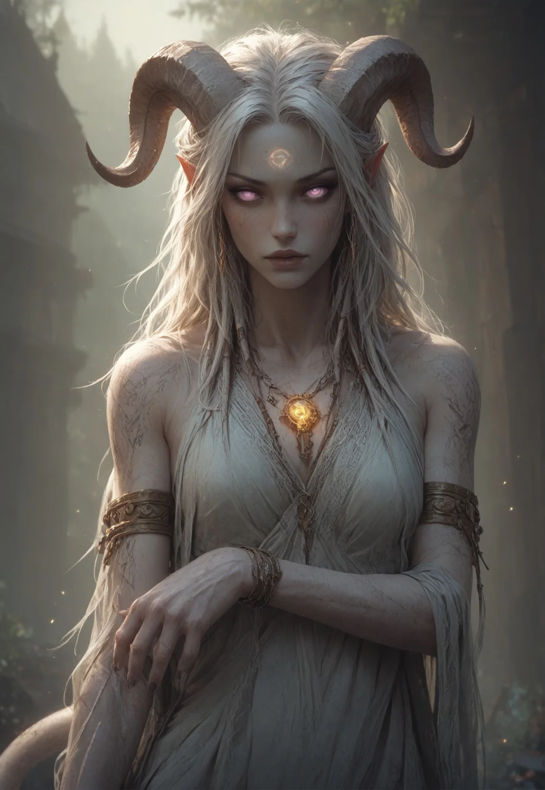 (absurdres, best quality, masterpiece:1.4), score_9, score_8_up, score_7_up, score_6_up, detailed, detailed body, detailed face, world of warcraft, fantasy, <lora:add-detail-xl:1.5>,
fFaceDetail, (female, draenei, h0rns, ram horns, white horns, tall, athletic arms, pale white skin, long white hair, purple eyes, no pupils, no sclera, long white tail, long fingers, purple fingernail polish),
(long loose white dress, white silk scarf, tail under dress, simple armlet, small yellow gem pendant, small yellow gem earrings),
upper body, front view, looking at viewer,
depth of field, outdoors, (fantasy faire, wooden village), (crowds in background, fantasy clothing, human, varied clothing)