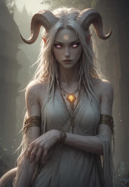 (absurdres, best quality, masterpiece:1.4), score_9, score_8_up, score_7_up, score_6_up, detailed, detailed body, detailed face, world of warcraft, fantasy, <lora:add-detail-xl:1.5>,

fFaceDetail, (female, draenei, h0rns, ram horns, white horns, tall, athletic arms, pale white skin, long white hair, purple eyes, no pupils, no sclera, long white tail, long fingers, purple fingernail polish), 

(long loose white dress, white silk scarf, tail under dress, simple armlet, small yellow gem pendant, small yellow gem earrings),

upper body, front view, looking at viewer, 

depth of field, outdoors, (fantasy faire, wooden village), (crowds in background, fantasy clothing, human, varied clothing)