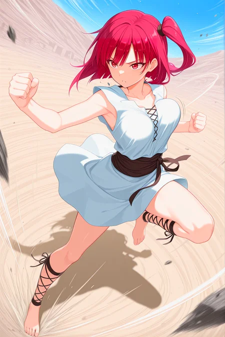 beautiful detailed eyes, masterpiece, best quality, intricate details, absurdres, 1girl, solo,
<lora:P-IL-Morgiana:1> m0rg1, red hair, red eyes, side ponytail,
ankle lace-up, barefoot, cross-laced footwear, dress,
medium breasts, full body, inexpressive,
((breasts in motion)), dynamic pose, intense movement, action shot, motion blur, (bouncy:1.3), (bouncing breasts:1.2), dynamic angle, from above, running fighting stance, attack battle form, floating debris dust stones winds
desert background, blue sky, wasteland,