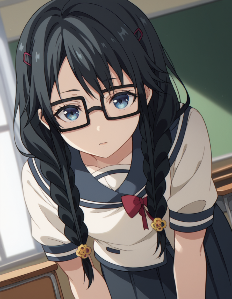 score_9, score_8_up, score_7_up, source_anime,
sumirekosanshokuin, <lora:sumireko-sanshokuin-s1-ponyxl-lora-nochekaiser:1>
sumireko sanshokuin, long hair, black hair, blue eyes,
hair ornament, braid, glasses, twin braids, black-framed eyewear, skirt, hair ornament, school uniform, serafuku, black skirt, long skirt,
indoors, classroom, bent over,
looking at viewer, cowboy shot, dutch angle, solo,
