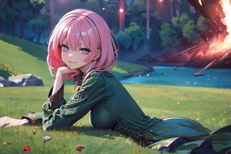 (masterpiece:1.4), 4K8K, (anime style), (high shutterspeed:1.4), (sharp edges), 
SyFyEye1, FanFo, 
1woman  hands togather,  leaning foward, face focus, smile, closed mouth, 
wearing Celtic style dress, (Detailed face, Detailed eyes, Detailed lips), (solo), 
pink hair, any colored roses, Fantastic, grass firld, river-side,