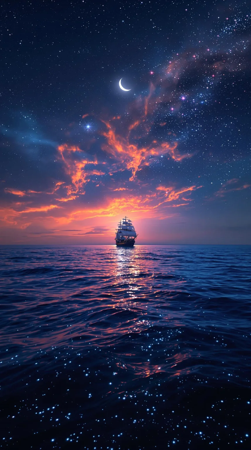 A breathtaking cinematic shot of a celestial seascape, where a lone ship glides across the deep blue ocean. The ancient vessel stands out against the backdrop of a mesmerizing sky, painted with vibrant hues of fiery orange and pink that seamlessly blend with the inky blackness of night. A crescent moon casts a soft glow, illuminating the bioluminescent shimmer of the water. The vast ocean and celestial sky evoke a sense of tranquility, wonder, and awe. The solitary ship adds an air of mystery and adventure, inviting the viewer to embark on a fantastical journey. This conceptual art piece masterfully blends natural beauty with artistic imagination, capturing the magic of the night sky and the allure of the open sea.