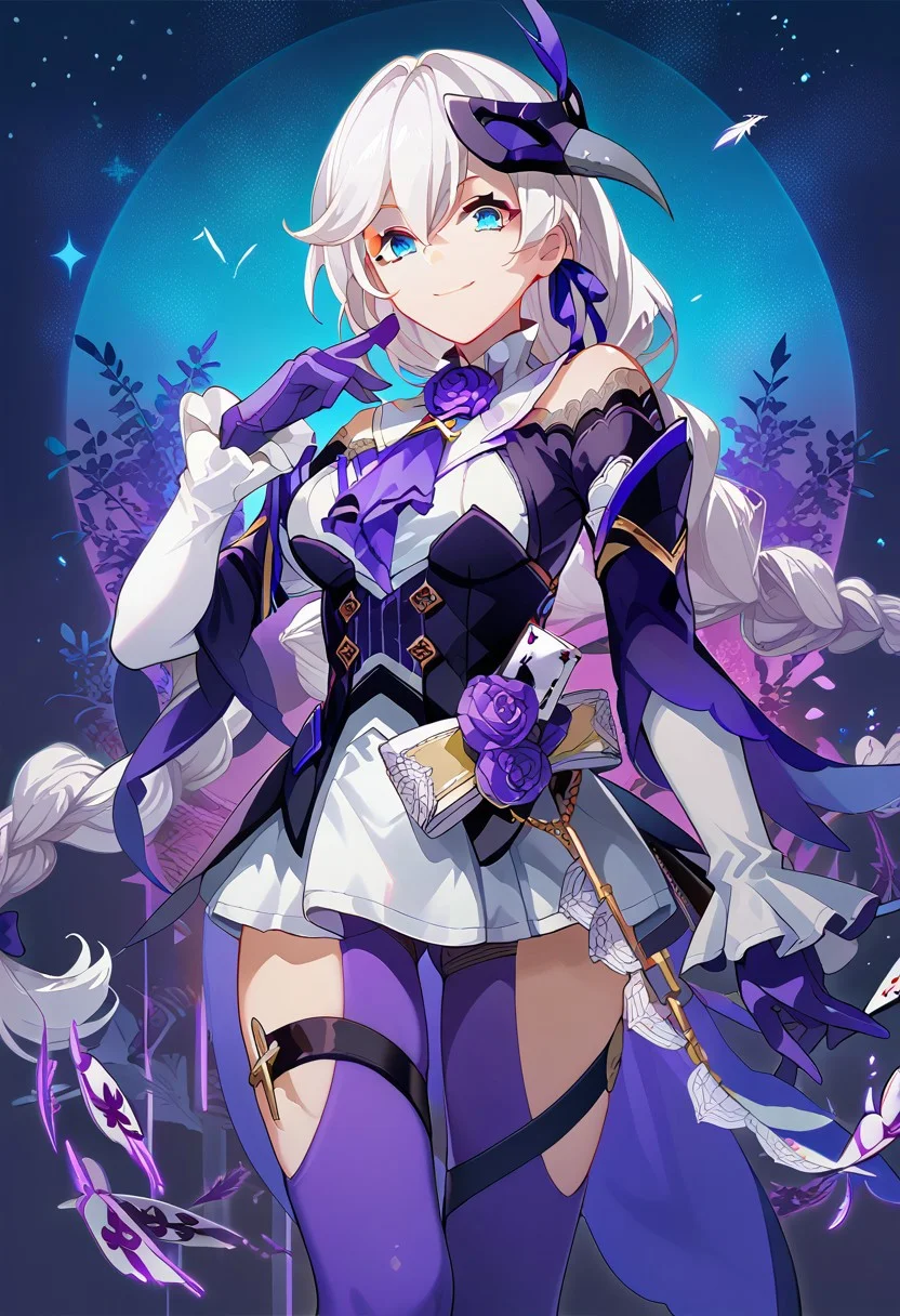 score_9, score_8_up, score_7_up, source_anime, good anatomy, vibrant colors, 1girl, solo, KallenRogueSixthSerenade, white hair, braided hair, blue eyes, hair between eyes, violet hair ribbon, violet ascot, violet roses, white collar, frilled collar, white undershirt, dark purple overshirt, golden buttons, bare shoulders, shoulder cutout, white sleeves, purple gloves, white skirt, miniskirt, purple pantyhose, thigh cutouts, cards, thigh straps, raven mask, purple feather, standing, official art, smiling, posing, contrapposto, starry sky background