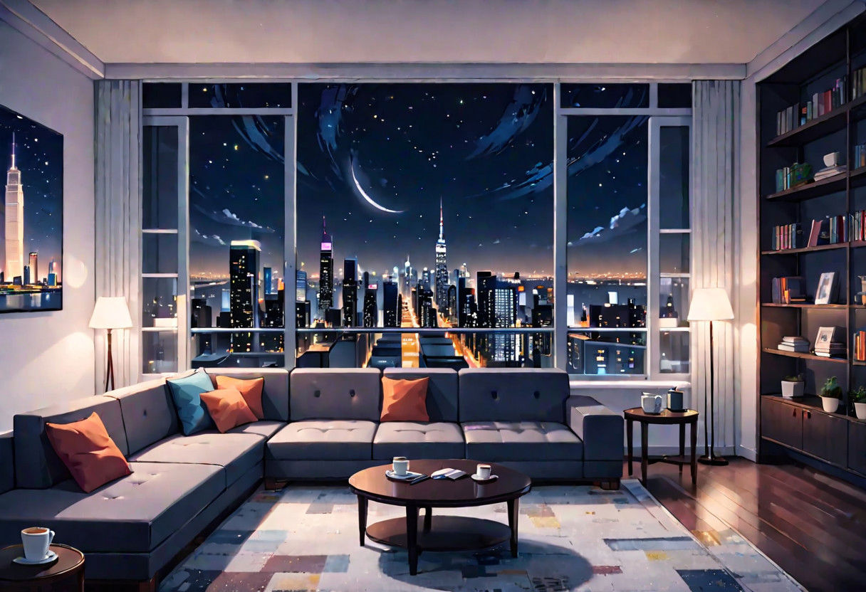 ((front view)), Shallow scene, (((animation style))), (night), modern-style interior, with white walls, (large windows), a  study, Sofa, coffee table, bookcase, single wall, ((dark room)), quiet and mysterious night sky,  city night view, (City high-rise building scenery), (City scenery outside the window), starry sky, moonlight,
