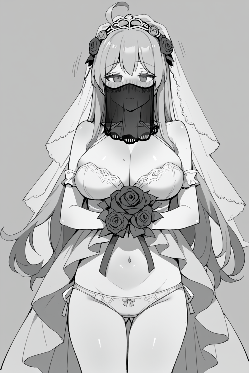 score_9, score_8_up, score_7_up, source_anime,
<lora:JJJJ_pony:1> jjjj, greyscale, monochrome, 1girl, solo, flower, breasts, long hair, large breasts, blush, underwear, ahoge, panties, veil, rose