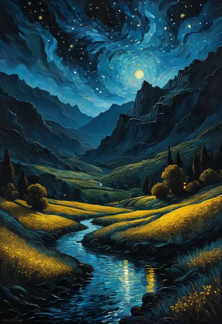 score_9, score_8_up, score_7_up, score_7, score_6_up, an oil painting of fantasy in heat, silhouette on Hidden valley, style of van gogh, starry night vibes, expressionism, gloomy, dark tones, unforgettable, dark fantasy, fantasy, emotional depth. (vibrant masterpiece, (8k1.5), UHD, very detailed, high-quality, best artist, sharp edges, detailed textures, full view, atmospheric lighting, stunning visuals)