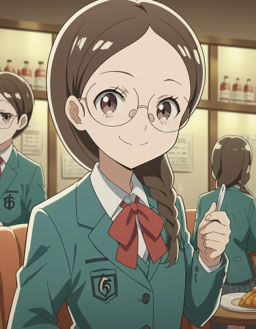 score_9, score_8_up, score_7_up, source_anime, <lora:megumi-takahashi-s1-ponyxl-lora-nochekaiser:1>, megumi takahashi, long hair, brown hair, brown eyes, braid, glasses, hair over shoulder,, school uniform, jacket, blazer, ribbon, red ribbon, green blazer, shirt, white shirt, collared shirt, skirt, pleated skirt, grey skirt,, restaurant, tables, food, waiters, guests, smile, smug, hands on own hip,, looking at viewer, solo,, dutch angle, cowboy shot