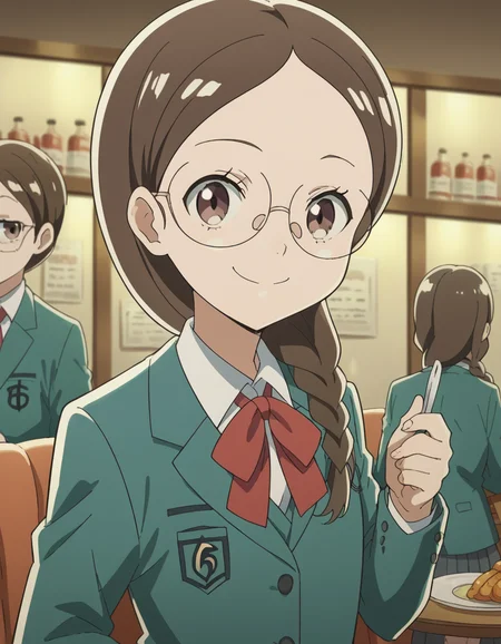 score_9, score_8_up, score_7_up, source_anime, <lora:megumi-takahashi-s1-ponyxl-lora-nochekaiser:1>, megumi takahashi, long hair, brown hair, brown eyes, braid, glasses, hair over shoulder,, school uniform, jacket, blazer, ribbon, red ribbon, green blazer, shirt, white shirt, collared shirt, skirt, pleated skirt, grey skirt,, restaurant, tables, food, waiters, guests, smile, smug, hands on own hip,, looking at viewer, solo,, dutch angle, cowboy shot