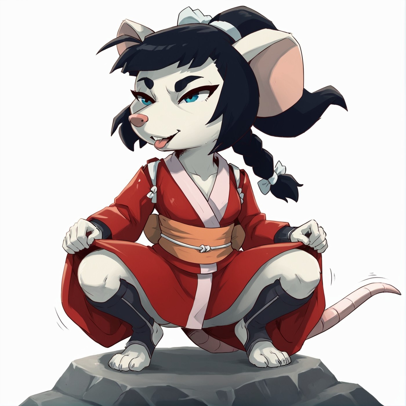 score_9,score_8,score_7,source_furry,
<solo:2.5>,
<1girl:1.5>,
1girl, akane_curse_sea_rats, akane_rat, black hair, blue eyes, braid, furry, furry female, japanese clothes,nipples peek, kimono, rat girl, white background,serious, white body,white fur,feet, japanese eyes, slitted eyes, rat tail,tail,
<lora:Akane_Curse_of_the_Sea_Rats:0.8> akane_curse_sea_rats, crouch,
crouching,
twerking,
frontal shot, happy,
smile,
teeth,
tongue