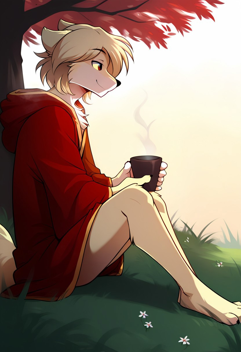 score_9, score_8_up, score_7_up, score_6_up, source_furry, rating_explicit, solo, solo focus, male, 1boy, sitting under a birch tree with a cup of tea in hand, birch, in the field, outdoors, The black and red robe, kind expression, kind little smile, Looking into the distance, clovis-twokinds detailed, five fingers, side view, side side, fluffy tail, legs together, cute paws, (((perfect body, perfect hands, perfect legs, perfect eyes, perfect face, perfect fur, perfect anatomy)))
