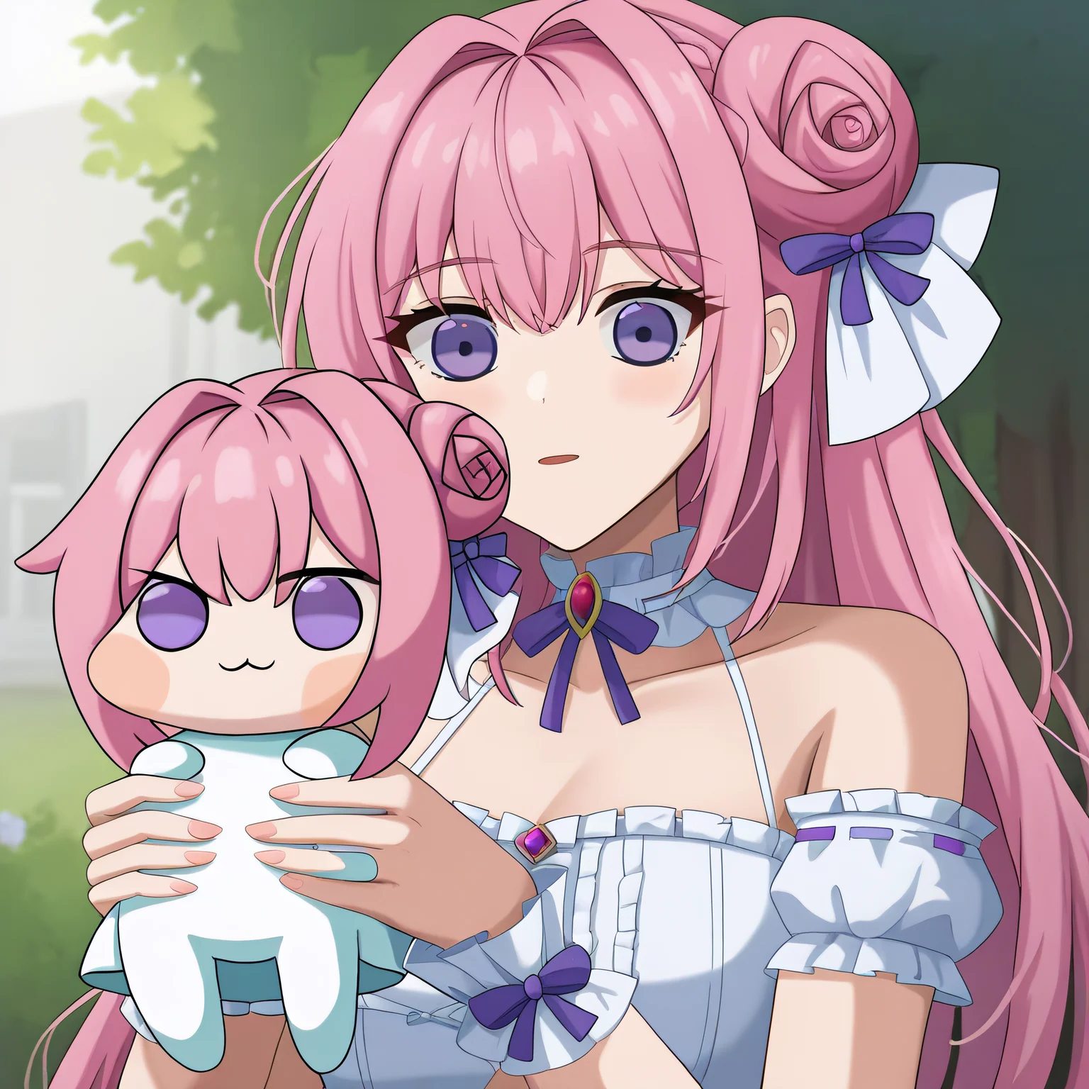 <lora:Doro_X_PDXL_V1:0.9> score_9, source_anime, woman holding a creature, doro, creature, :3, pink hair, purple eyes, hair bun, hair bow, holding creature, multiple girls, bangs, white dress, ribbon, bare shoulders