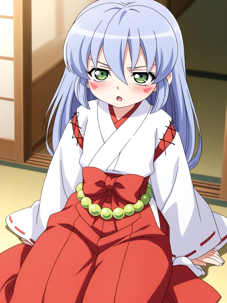 general,highres, ultra-detailed,very aesthetic,best quality ,best hands, BREAK <lora:Nazuna_Onmyou_Taisenki_Ver2.0_IS:0.8>Nazuna, long hair,
1girl, solo, japanese clothes, miko, green eyes, red hakama, long hair, skirt, open mouth, hakama, blue hair, blush, hakama skirt, long sleeves, facial mark,
red triangle facial mark, hair between eyes,white kimono,cross-laced sleeves,long sleeves, wide sleeves, red hakama pants, red layered waist bow, yellow waist beads,