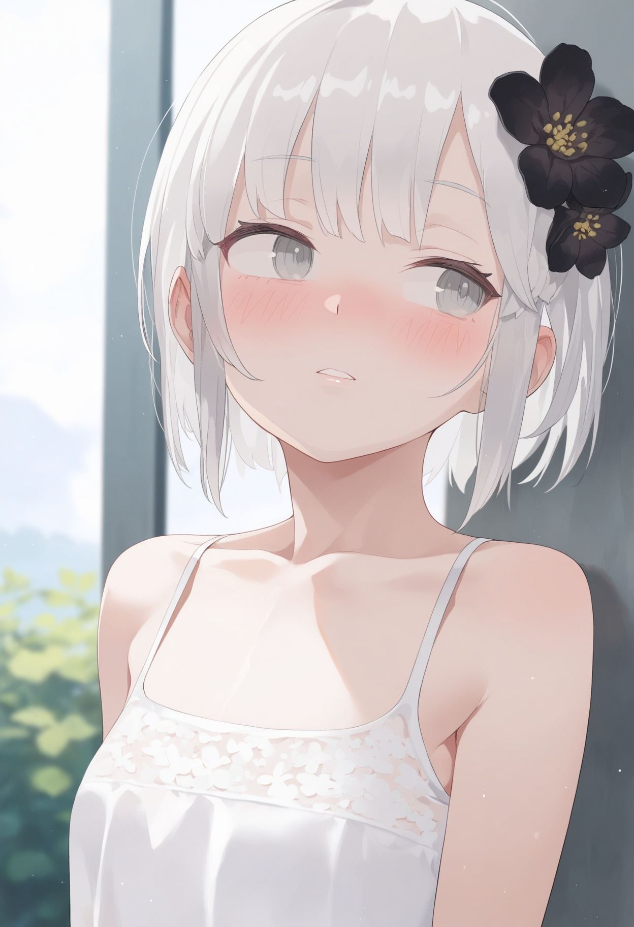 masterpiece,best quality,amazing quality,
1girl, solo, hair ornament, parted lips, hair flower, flower, bangs, looking away, upper body, white hair, black flower, collarbone, looking to the side, grey eyes, blush, short hair,
 <lora:Biyobiyo:1>