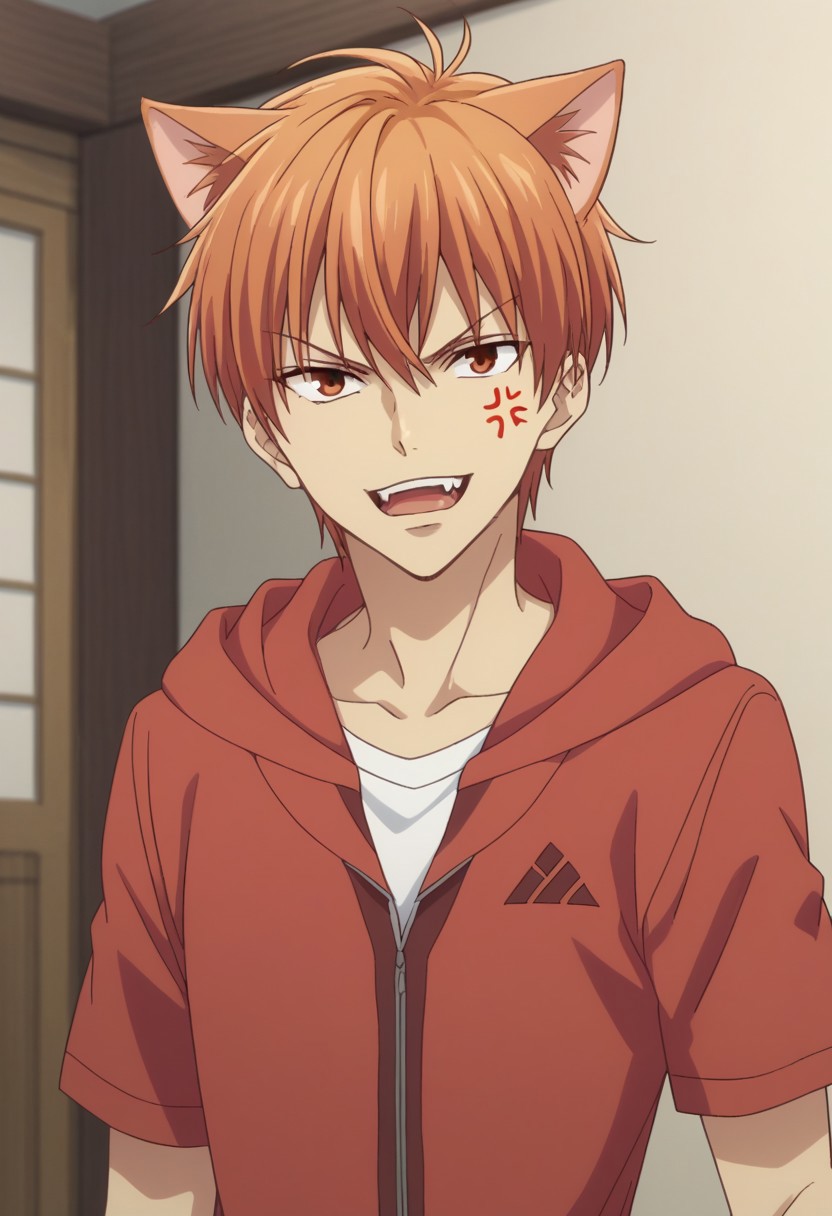 score_8_up, score_7_up, source_anime, highly detailed, 
kyosohma, 1boy, male focus, solo, hood, orange hair, upper body, hoodie, red hoodie, pants, brown pants, looking at viewer, standing, jewelry, bracelet, animal ear, cat hear, cat tail, fangs, teeth, open mouth, anger vein, parody,
indoor, japanese