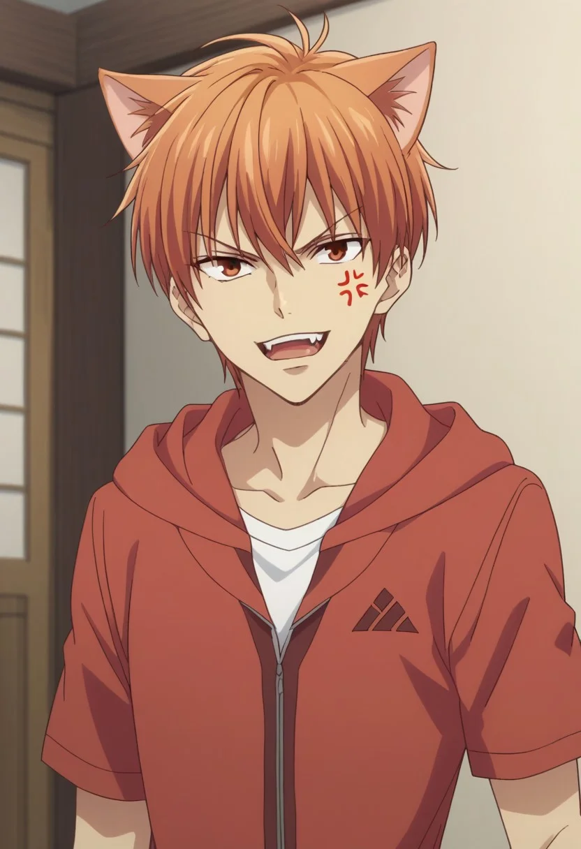 score_8_up, score_7_up, source_anime, highly detailed,
kyosohma, 1boy, male focus, solo, hood, orange hair, upper body, hoodie, red hoodie, pants, brown pants, looking at viewer, standing, jewelry, bracelet, animal ear, cat hear, cat tail, fangs, teeth, open mouth, anger vein, parody,
indoor, japanese