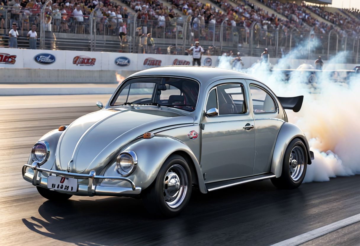 Silver black fusc4 photo, volkswagen beetle, at the drag strip, drag race, racing wheels, slicks, racing stickers, burnout, smoke, dragster, funny car, crowds, fast and furious, (sharp forcus, highly detailed, 8k, best quality, masterpiece, ultra highres:1)