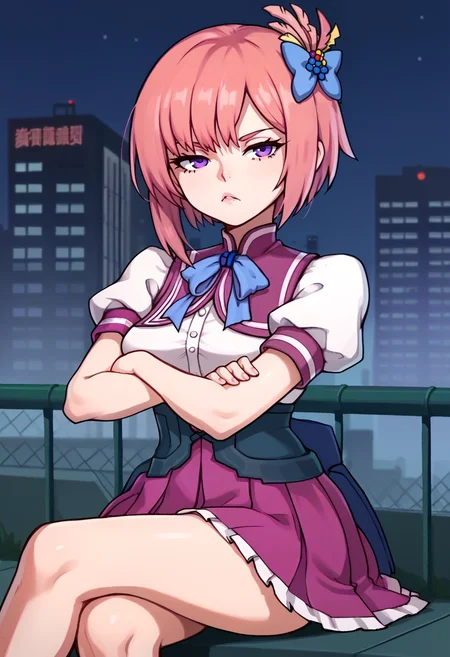 score_9, score_7_up, 1girl, sitting, looking at viewer, parted lips, half-closed eyes, frown, crossed legs, BREAK <lora:zs_KodenXL:1> shioridx2, pink hair, short hair, purple eyes, hair ornament, school uniform, puffy sleeves, blue ribbon, pink skirt, outdoors, city, night