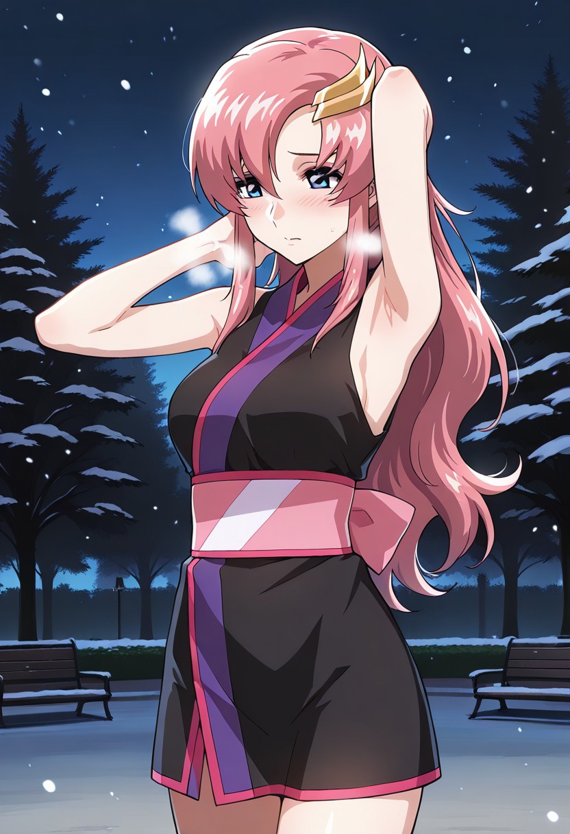 masterpiece, best quality, 1girl, cute, Lacus Clyne, wearing kimono, short kimono, bare shoulders, bare arms, shy, 
showing off armpits, heavy breathing, outdoors, in a park, snowing, at night,