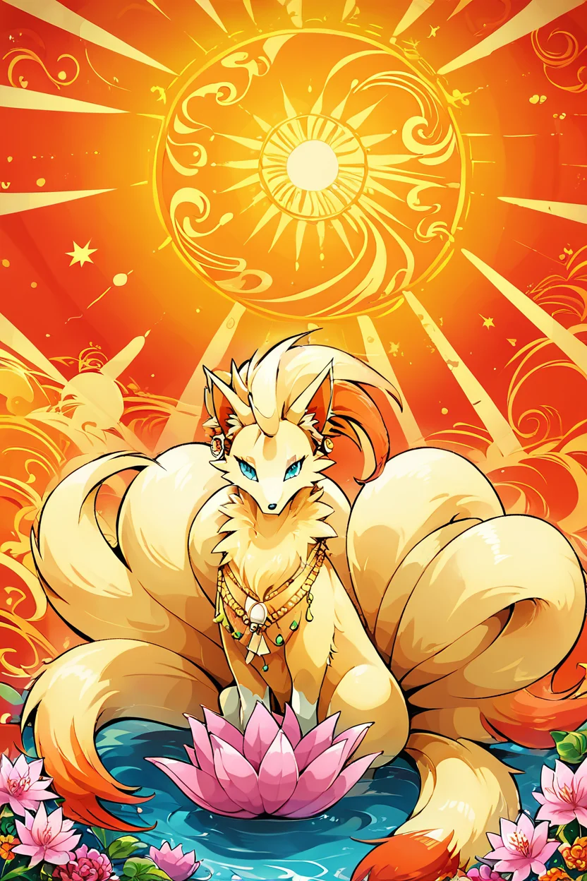 score_9, score_8_up, score_8,  ,,,  zzNinetails, jewelry, flower, necklace, rope, sun, shimenawa, shide, lotus, sunburst, sunburst background, rising sun flag,  ,<lora:NinetailsPokedexPDXL:0.8>,   ,,, ,,, embedding:zPDXL, Expressiveh, <lora:CatalystStylePDXL:0.6>,  <lora:SDXLFaeTastic2400:0.5>,  <lora:Expressive_H-000001:0.4>,