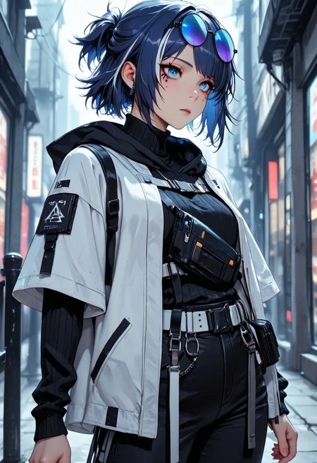 highres, very detailed, amazing quality, masterpiece,
very aesthetic,
particle effect,
1girl, Andreana from Arknights, short hair, streaked hair, blue hair, white hair, short ponytail, blue eyes, round eyewear on eyes, blue-tinted eyewear, white jacket, hooded jacket, hood down, open jacket, layered sleeves, short over long sleeves, black sweater, turtleneck sweater, black pants, white belt, black bag, fanny pack,
Close up, depth of field, ray_tracing, cowboy shot, extreme foreshortening, very aesthetic, cinematic,