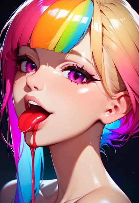 score_9, score_8_up, score_7_up, score_6_up, score_9, score_8_up,
blonde, (pastel rainbow hair),
eye contact,
big soft natural boobs,
very dark red food stains around mouth, dark red liquid dripping from tongue, dripping onto her boobs,
dark background, soft light