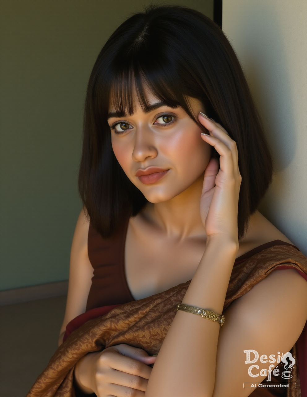cowboy shot photo of j4nn4t zub41r woman, hyper realistic photo that is safe for work, shy smile, studio quality image with natural colors, well dressed wearing intricate sleeveless Brown Banarasi Silk Saree, hair styled as  bangs,muted pastel shaded multicolored background that contrasts with the person, cinematic lighting,âââââ    <lora:j4nn4t_zub41r_Jannat_Zubair_Flux_Kohya_V1:1>âââ