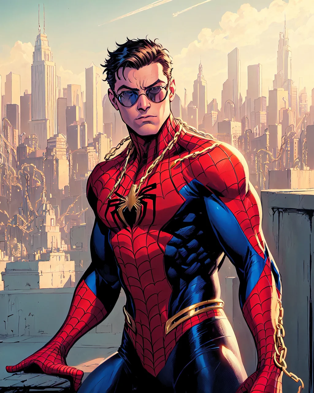 ( spiderman wearing gold chains around his neck ), gold chains, sunglasses, ((masterpiece)), (best quality), HDR, detailed background, cityscape, jim lee