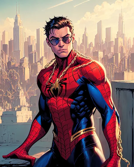 ( spiderman wearing gold chains around his neck ), gold chains, sunglasses, ((masterpiece)), (best quality), HDR, detailed background, cityscape, jim lee