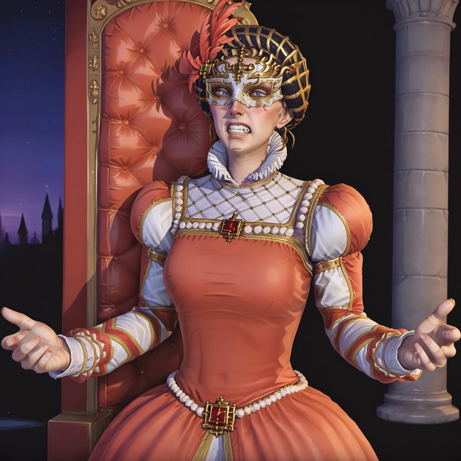 1girl, solo, catherine, magnificence catherine, ornate dress, white mask, gold headwear, angry, gritting teeth, castle throne room