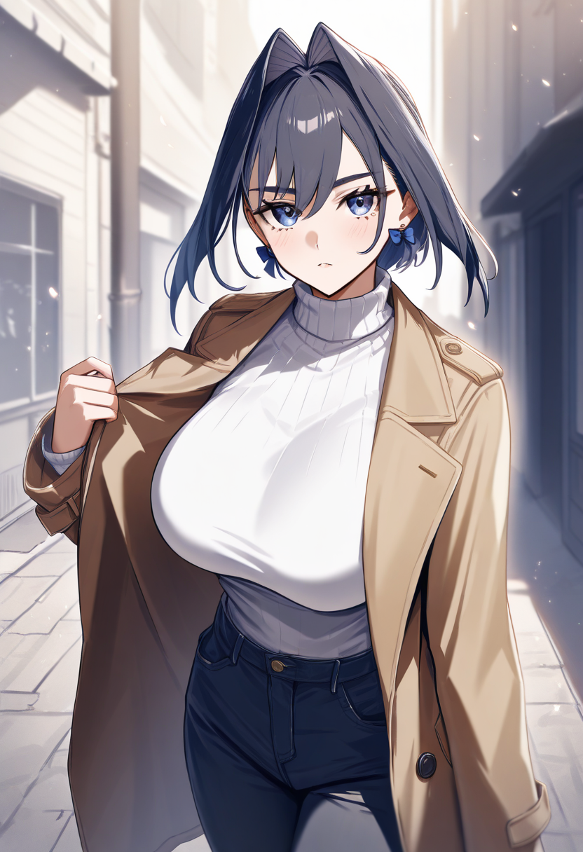 masterpiece, best quality, short hair, Ouro_Kronii, hair intakes, outdoor, street, (white sweater 1.4), (jeans 1.3), (brown coat 1.4), (deep blue hair 1.4), (large breats 1.2)<lora:Ouro_Kronii-10:2>
