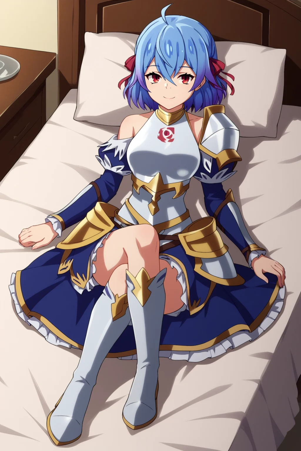 score_9, score_8_up, score_7_up, score_6_up, BREAK, RutiBHPXL, red eyes, blue hair, purple hair, gradient hair, short hair, hair ribbon, red ribbon, ahoge, hair between eyes, medium breasts, white armor, breastplate, detached sleeves, blue sleeves, single pauldron, hip armor, blue skirt, white thigh boots, solo, full body, lying on bed, seductive smile, looking at viewer, indoors <lora:RutiBHPXL:1>