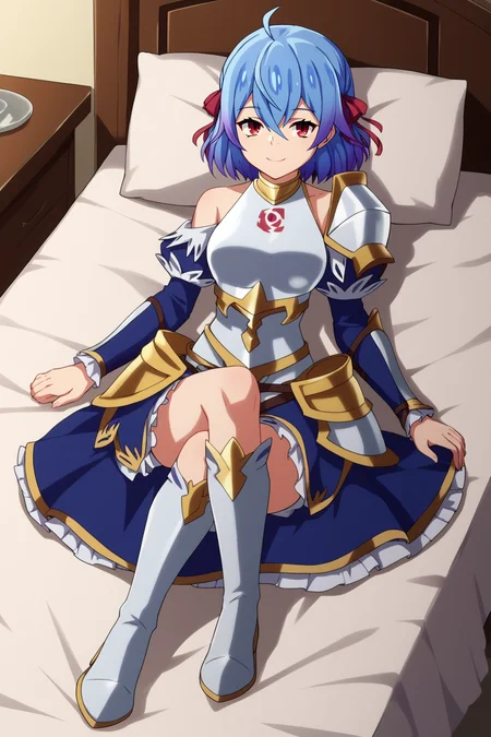 score_9, score_8_up, score_7_up, score_6_up, BREAK, RutiBHPXL, red eyes, blue hair, purple hair, gradient hair, short hair, hair ribbon, red ribbon, ahoge, hair between eyes, medium breasts, white armor, breastplate, detached sleeves, blue sleeves, single pauldron, hip armor, blue skirt, white thigh boots, solo, full body, lying on bed, seductive smile, looking at viewer, indoors <lora:RutiBHPXL:1>