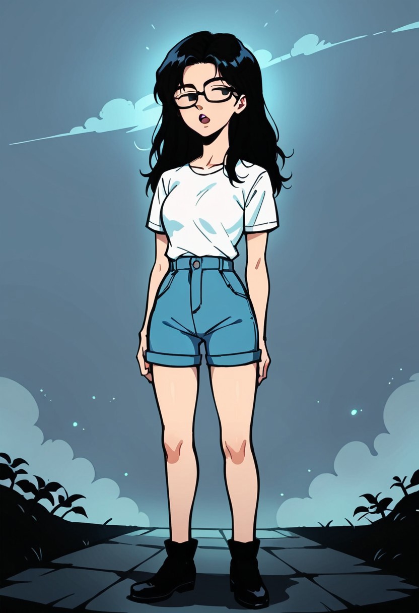 score_9, score_8_up, score_7_up, score_6_up, score_5_up, source_anime, retro_artstyle, anime_coloring, Expressiveh
SBKassandra , 1girl, solo, black hair, long hair, glasses, black-framed eyewear, white shirt, short sleeves, blue shorts, black footwear
steam background, steam, cloudy backgroud, fog background, giggling, open mouth, half closed eyes, empty eyes, dim lights, standing, front view