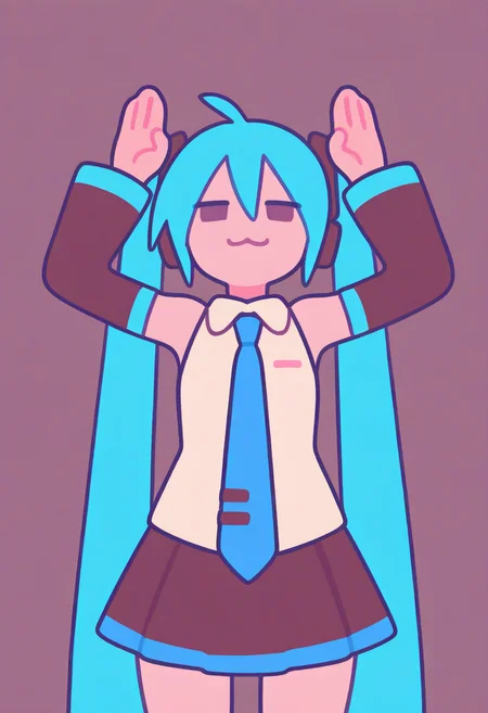 masterpiece, best quality, very aesthetic,
1girl, solo, hatsune miku, aqua hair, bunny pose, :3, smug, detached sleeves, standing, twintails, very long hair, pleated skirt, necktie <lora:MinimalistFlatColorXL_byKonan:0.8>