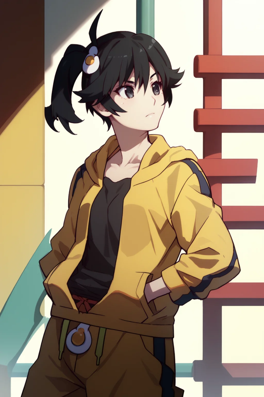 (score_9,score_8_up,score_7_up,),<lora:karen:1>,araragi karen,black hair,ahoge,black eyes,hooded track jacket,short hair,egg hair ornament,side ponytail,shorts,headstand,