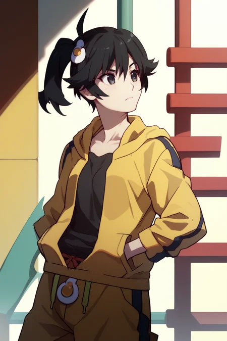 (score_9,score_8_up,score_7_up,),<lora:karen:1>,araragi karen,black hair,ahoge,black eyes,hooded track jacket,short hair,egg hair ornament,side ponytail,shorts,headstand,