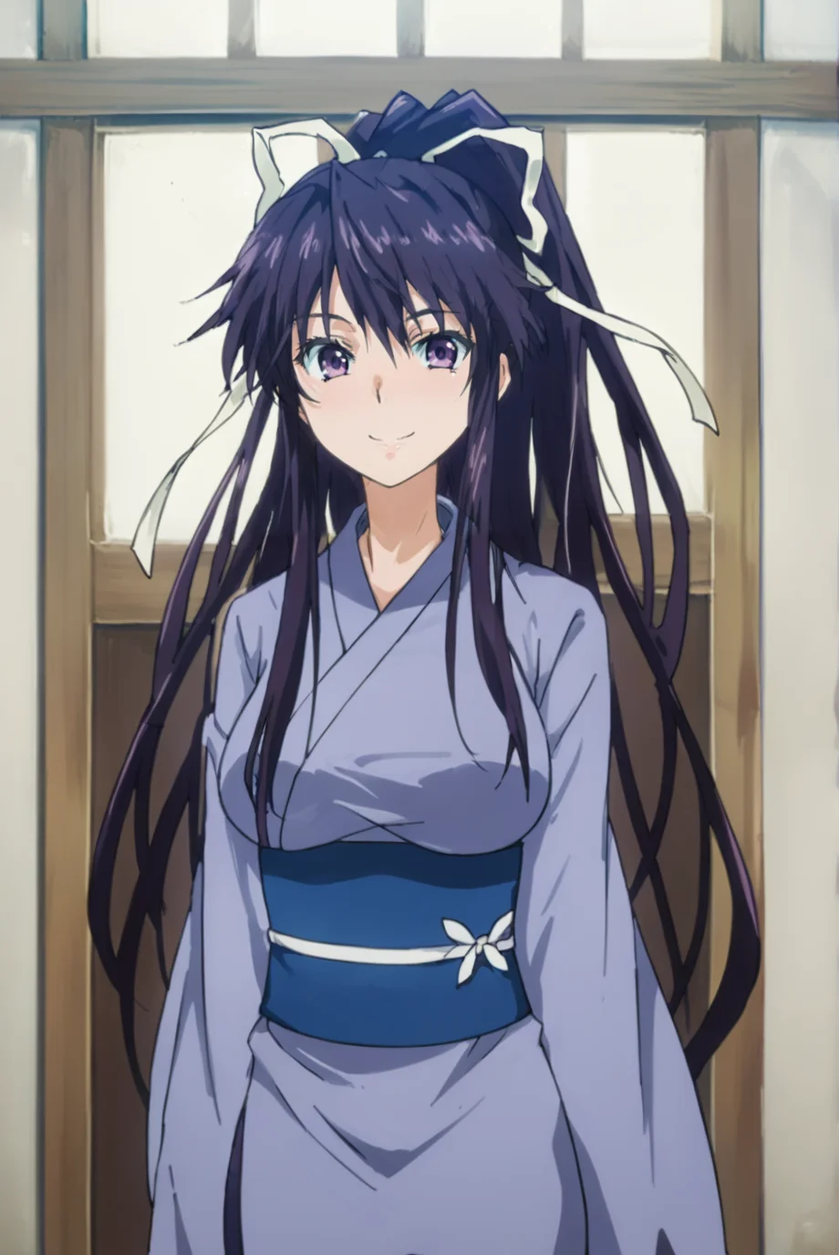 score_9, score_8_up, score_7_up, score_6_up, score_5_up, score_4_up, BREAK source_anime, 1girl, solo,
<lora:Kanzaki-Pony-v2-08:1.0>, ChopioK4nzaki, very long hair, black hair, high ponytail, sidelocks, hair between eyes, purple eyes, looking at viewer,
anime coloring, medium breasts,
hair ribbon,
outfit_2, purple kimono, blue sash, wide sleeves,
ryokan, sliding doors, standing, smile, arms at sides, upper body,