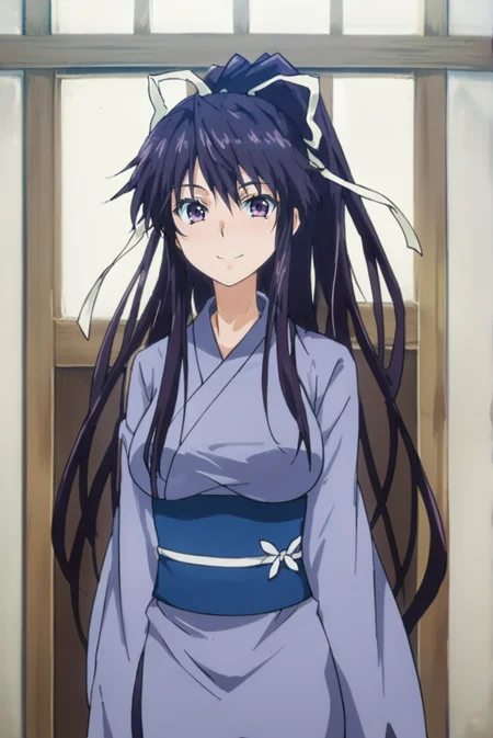 score_9, score_8_up, score_7_up, score_6_up, score_5_up, score_4_up, BREAK source_anime, 1girl, solo,
<lora:Kanzaki-Pony-v2-08:1.0>, ChopioK4nzaki, very long hair, black hair, high ponytail, sidelocks, hair between eyes, purple eyes, looking at viewer,
anime coloring, medium breasts, 
hair ribbon,
outfit_2, purple kimono, blue sash, wide sleeves,
ryokan, sliding doors, standing, smile, arms at sides, upper body,