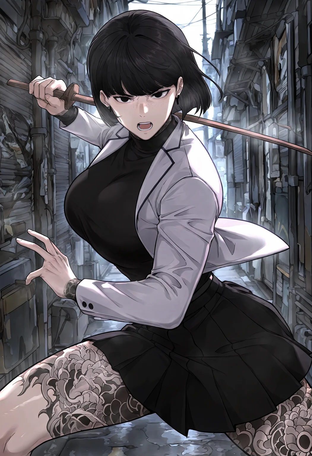 masterpiece, best quality, amazing quality, very aesthetic, absurdres, newest, scenery, 1girl, solo, huge breasts, serious, open mouth, <lora:Lee Jihyeon illustxl:0.9> black hair, black eyes, short hair, freckles, bob cut, neck tattoo, earrings, blunt bangs, full-body tattoo, leg tattoo, arm tattoo, white jacket, turtleneck sweater, black sweater, long sleeves, pleated skirt, black skirt, miniskirt, alley, outside, standing, fighting stance, spread legs, holding sword, wooden sword, upper body, looking at viewer, shiny skin, masterpiece, best quality, amazing quality, very aesthetic, absurdres, newest, scenery, volumetric lighting