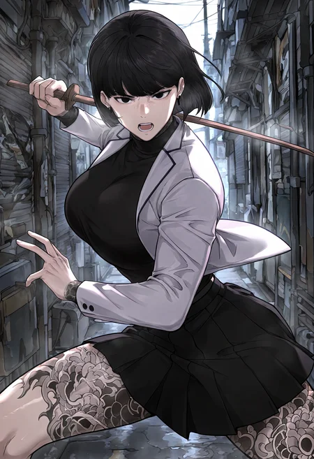 masterpiece, best quality, amazing quality, very aesthetic, absurdres, newest, scenery, 1girl, solo, huge breasts, serious, open mouth, <lora:Lee Jihyeon illustxl:0.9> black hair, black eyes, short hair, freckles, bob cut, neck tattoo, earrings, blunt bangs, full-body tattoo, leg tattoo, arm tattoo, white jacket, turtleneck sweater, black sweater, long sleeves, pleated skirt, black skirt, miniskirt, alley, outside, standing, fighting stance, spread legs, holding sword, wooden sword, upper body, looking at viewer, shiny skin, masterpiece, best quality, amazing quality, very aesthetic, absurdres, newest, scenery, volumetric lighting