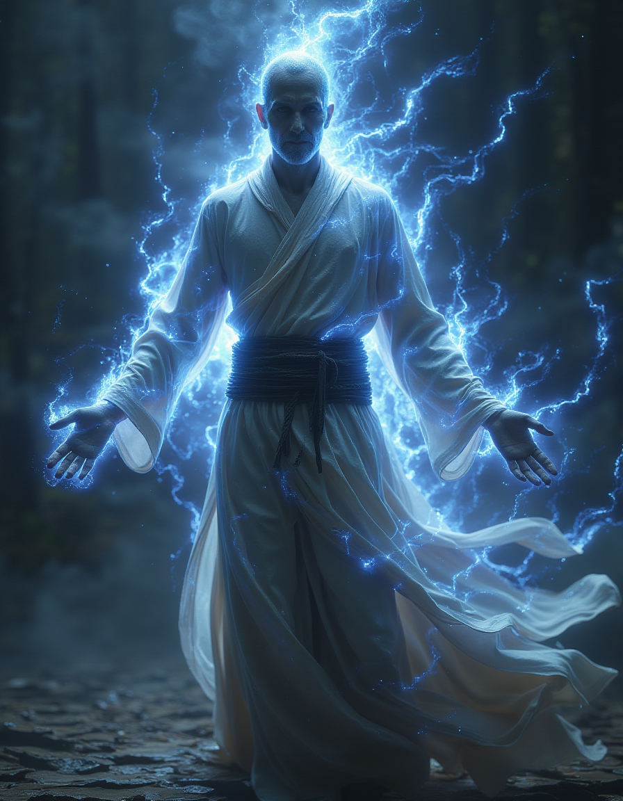 <lora:Aura_Flux-000010:1>,photography of a monk with lightning aura