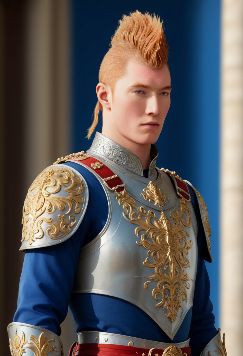 pen and ink, illustration, vibrant, beautiful, painterly, detailed, textural, artistic, concept art, masterpiece, <lora:add-detail-xl:1>, great lighting, BREAK, detailed face, watercolour painting of a palace guard, 25 year old, ginger hair, white skin, halberd, in elaborate shining ornate ceremonial armor, silver and gold, red and blue, coat of arms depicting a silver tower on azure field, medieval, fantasy, blue and white, in front of palace door