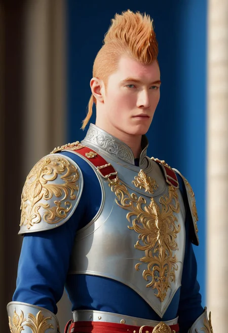 pen and ink, illustration, vibrant, beautiful, painterly, detailed, textural, artistic, concept art, masterpiece, <lora:add-detail-xl:1>, great lighting, BREAK, detailed face, watercolour painting of a palace guard, 25 year old, ginger hair, white skin, halberd, in elaborate shining ornate ceremonial armor, silver and gold, red and blue, coat of arms depicting a silver tower on azure field, medieval, fantasy, blue and white, in front of palace door